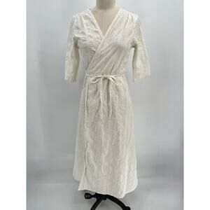 Mata Traders Aditi Wrap Dress Sz M White Lurex Gold Pin Stripe Short Sleeve Midi